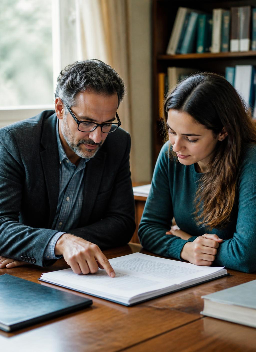 A supervisor reviewing specific written claims alongside a student